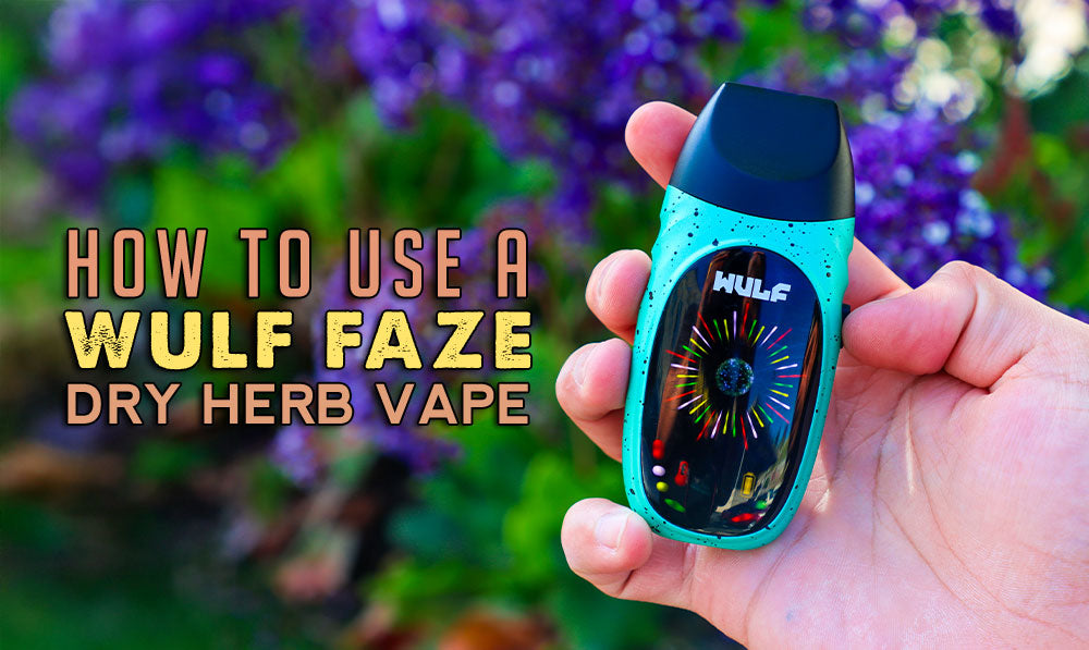 man holding wulf faze dry herb with flowers in background and text