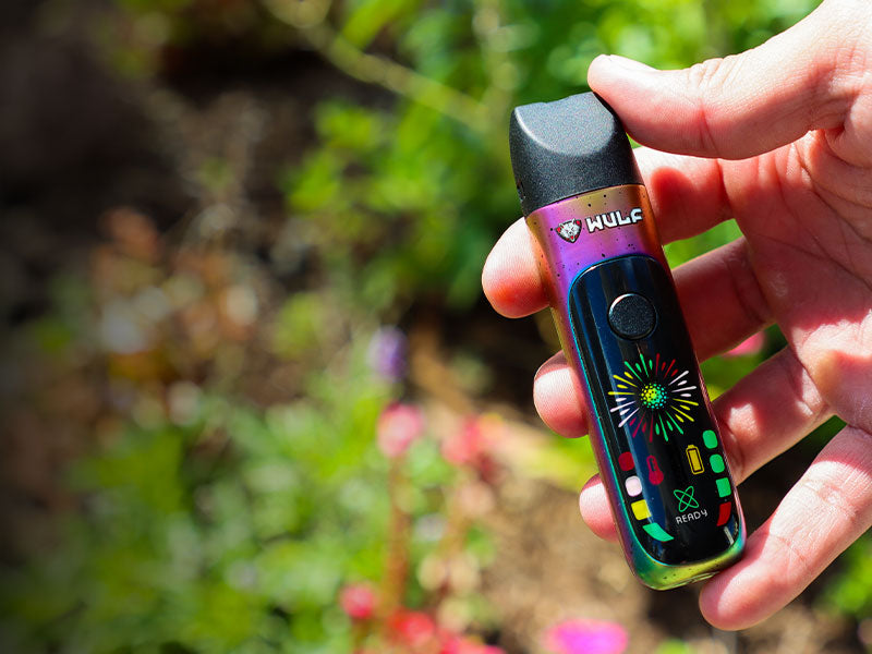 Hand holding a colorful Wulf Budr vape device against a blurred natural background