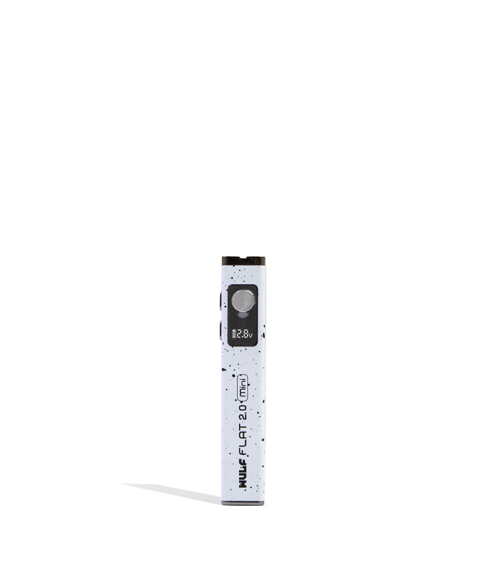 White Black Spatter Wulf Mods Flat Mini 2.0 Variable Voltage Battery Front View on White Background